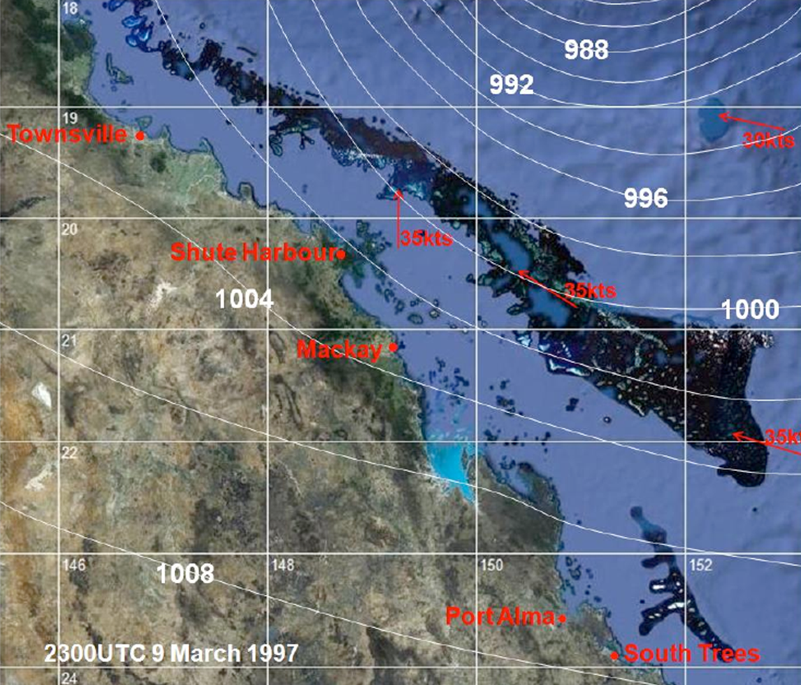 Outer circulation of Justin showing isobars, average wind observations and the Great Barrier Reef 